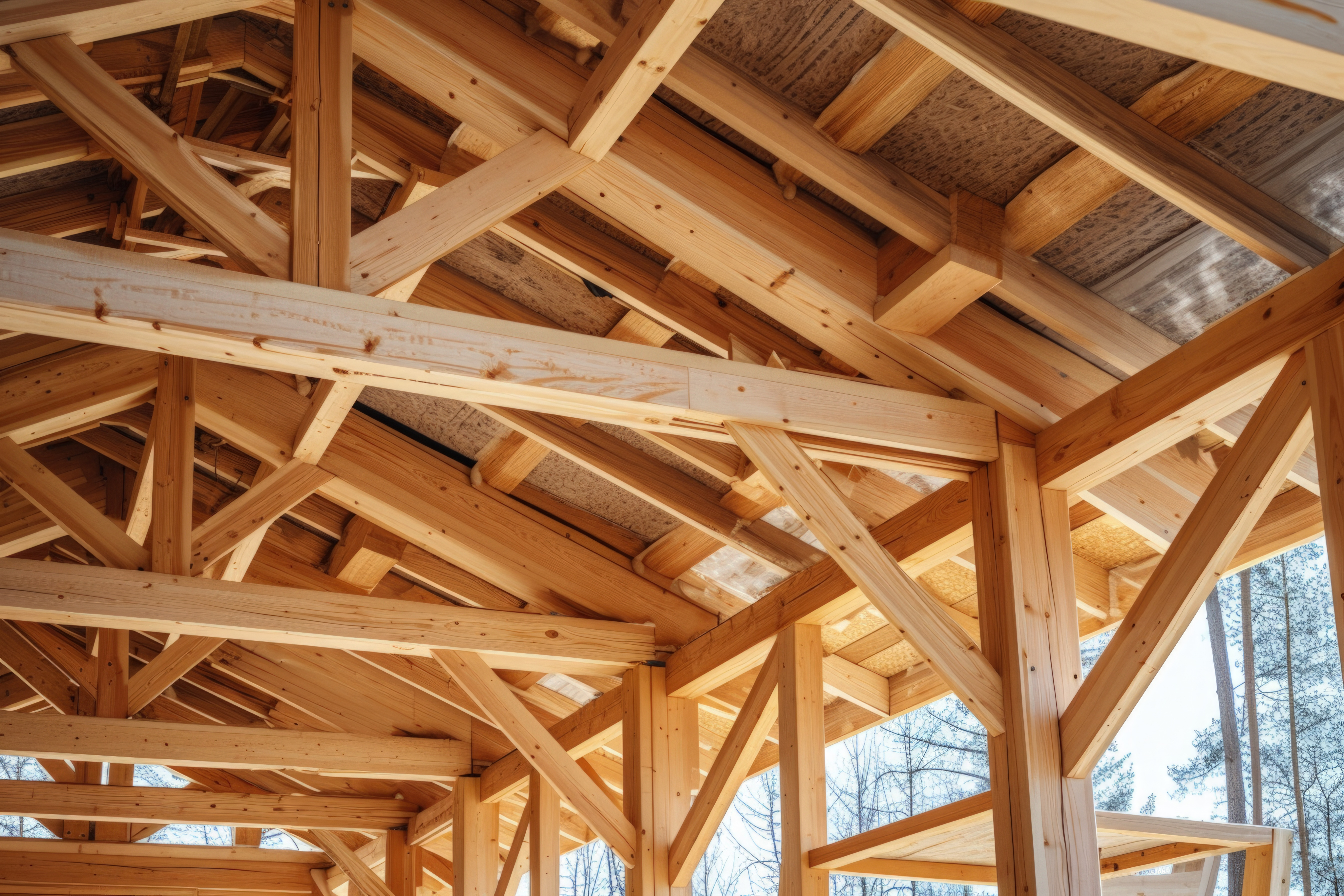 Modern construction site with timber frame building underway