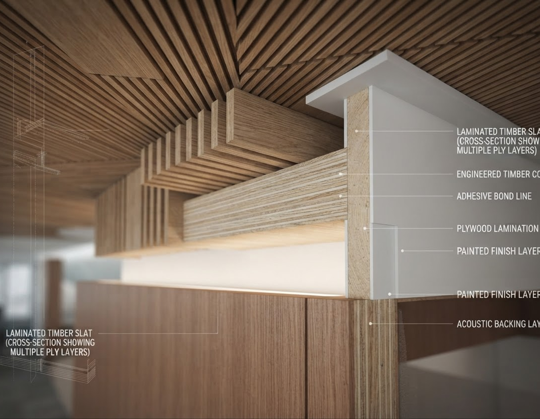 Engineered timber frame structure showing wooden panel ceiling detail — finish