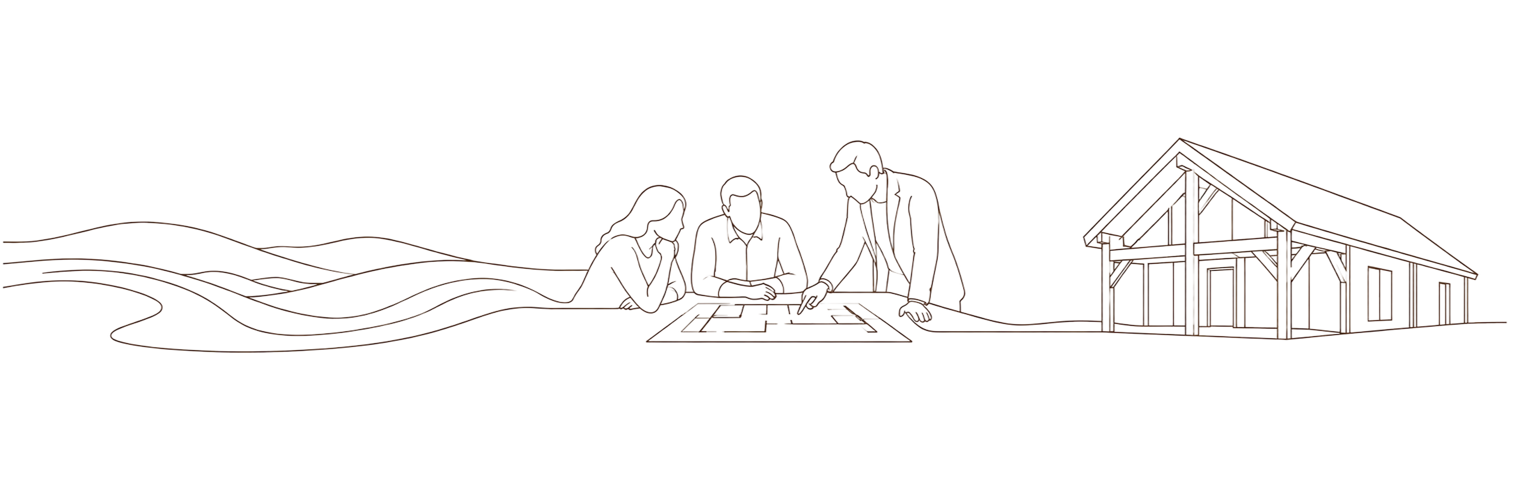 A single continuous line drawing moving from rolling land, to people reviewing plans with an architect, to a completed timber frame home